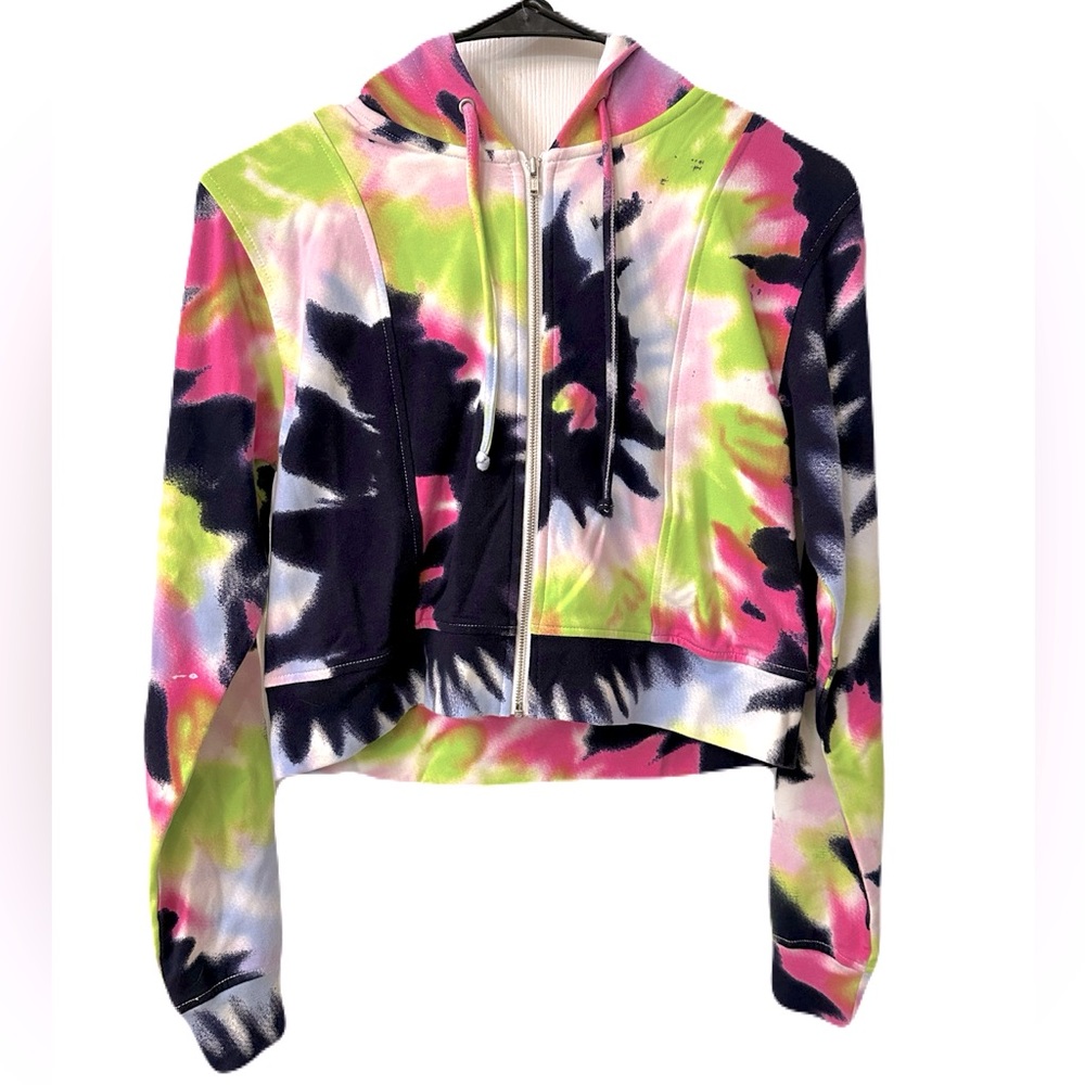 NEW Betsy & Adam Womens Size XS Colorful Tie Dye Cropped Full Zip Hoodie Jacket